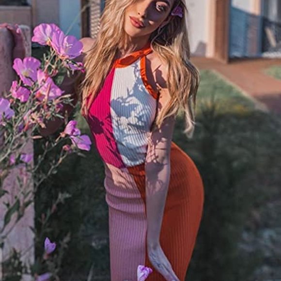 Women Halter Neck Colorblock Ribbed Tank Dress Summer Sleeveless Bodycon - Picture 1 of 3